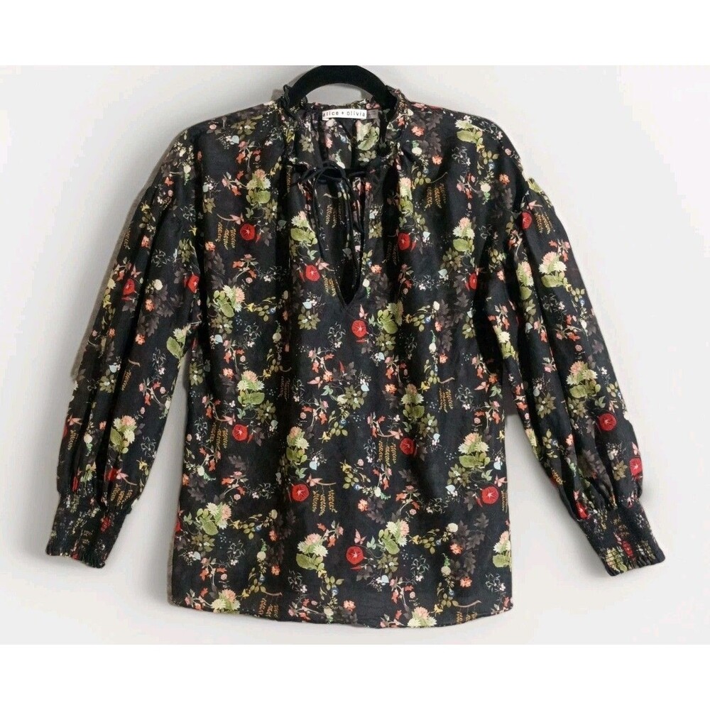Alice + Olivia Julius Floral Silk-Blend Blouson Sleeve Tie Neck Top Sz SP